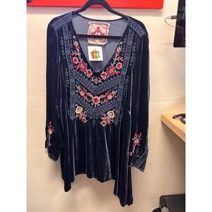 Johnny Was Blue Velvet Floral Embroidered Blouse